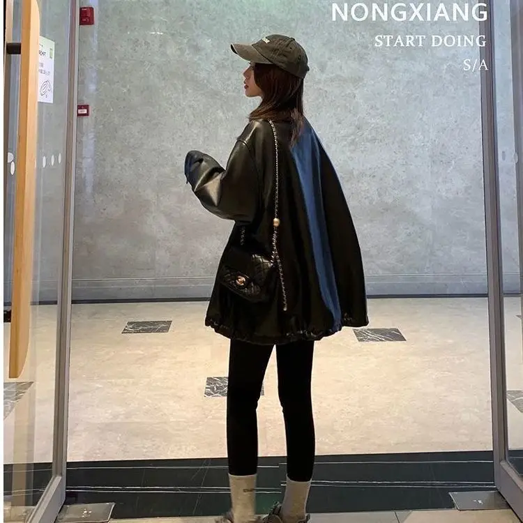 Black PU Leather Jacket Women's Casual Style Hong Kong Fashion Synthetic Leather Coat New Autumn 2026 Model Female Topwear