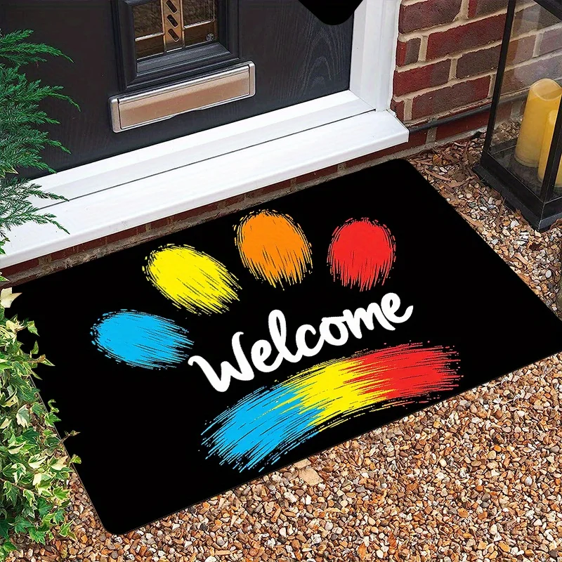 Graffiti “Welcome” Doormat – Paw Print, Cursive Script on Black, Colorful Splatter Design, Polyester, Dry Clean Only