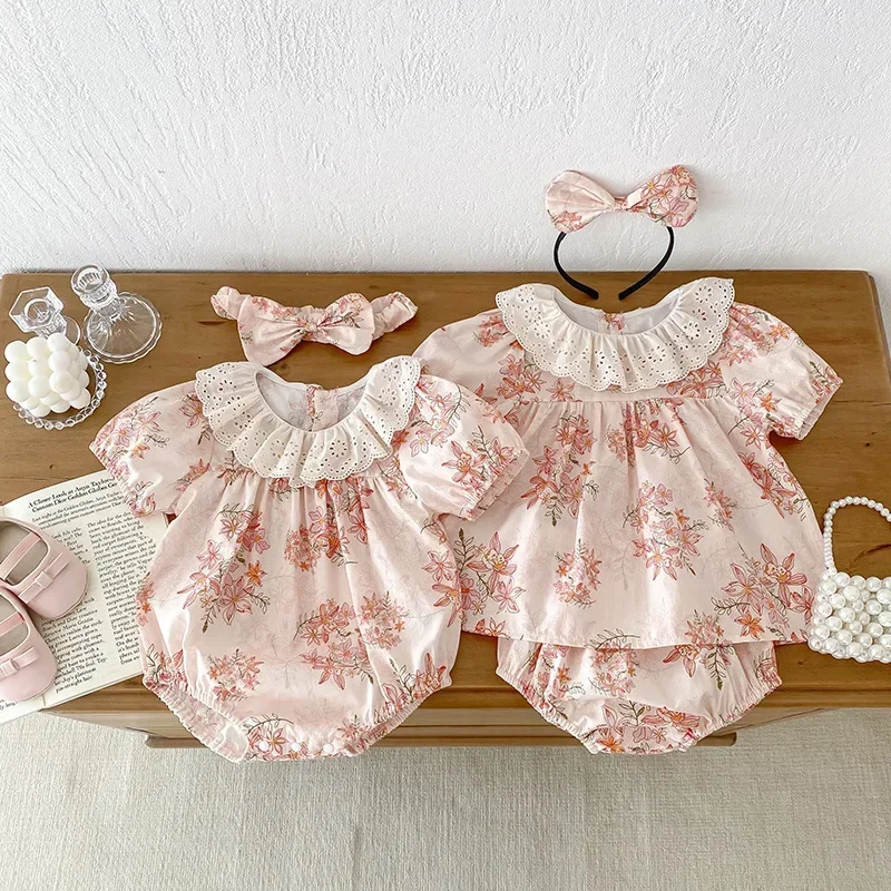 Schwester Outfit Sommer Mädchen Baby Body Kleinkind Baby Mädchen Sets Kleinkinder Baumwolle Kurzarm einteiliges Strampler H515