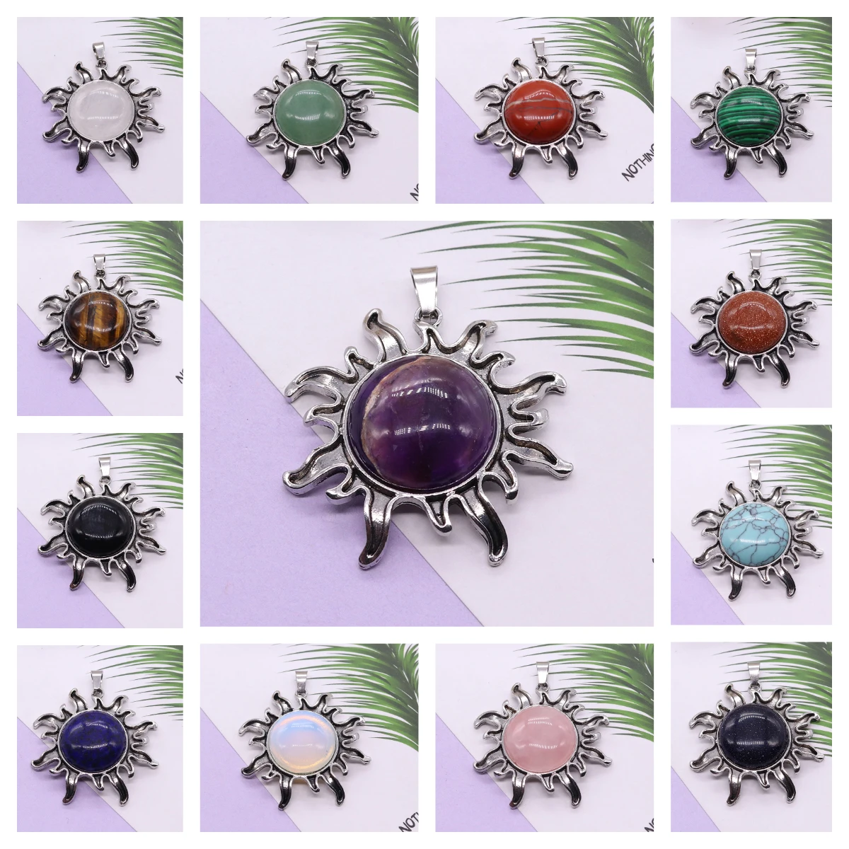 Fashion Natural Stone Pendant Quartz Crystal Tiger-eye Plated Silver Alloy Sun Pendants for Jewelry Making Necklace Accessories