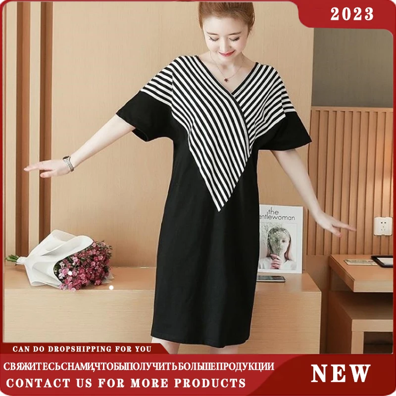 Imagem -02 - Hot Selling Listrado Cor Correspondência Vestido Curto-manga V-neck T-shirt Top Casual Mid-length Listrado Vestido M4xl 2023