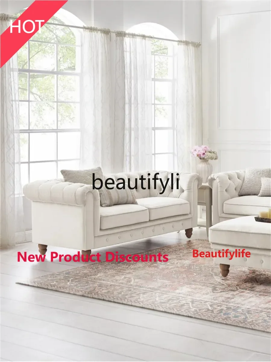 

X188 American Country Style Fabric Sofa French Retro Light Luxury Modern Burlap Pastoral Button Reception LT