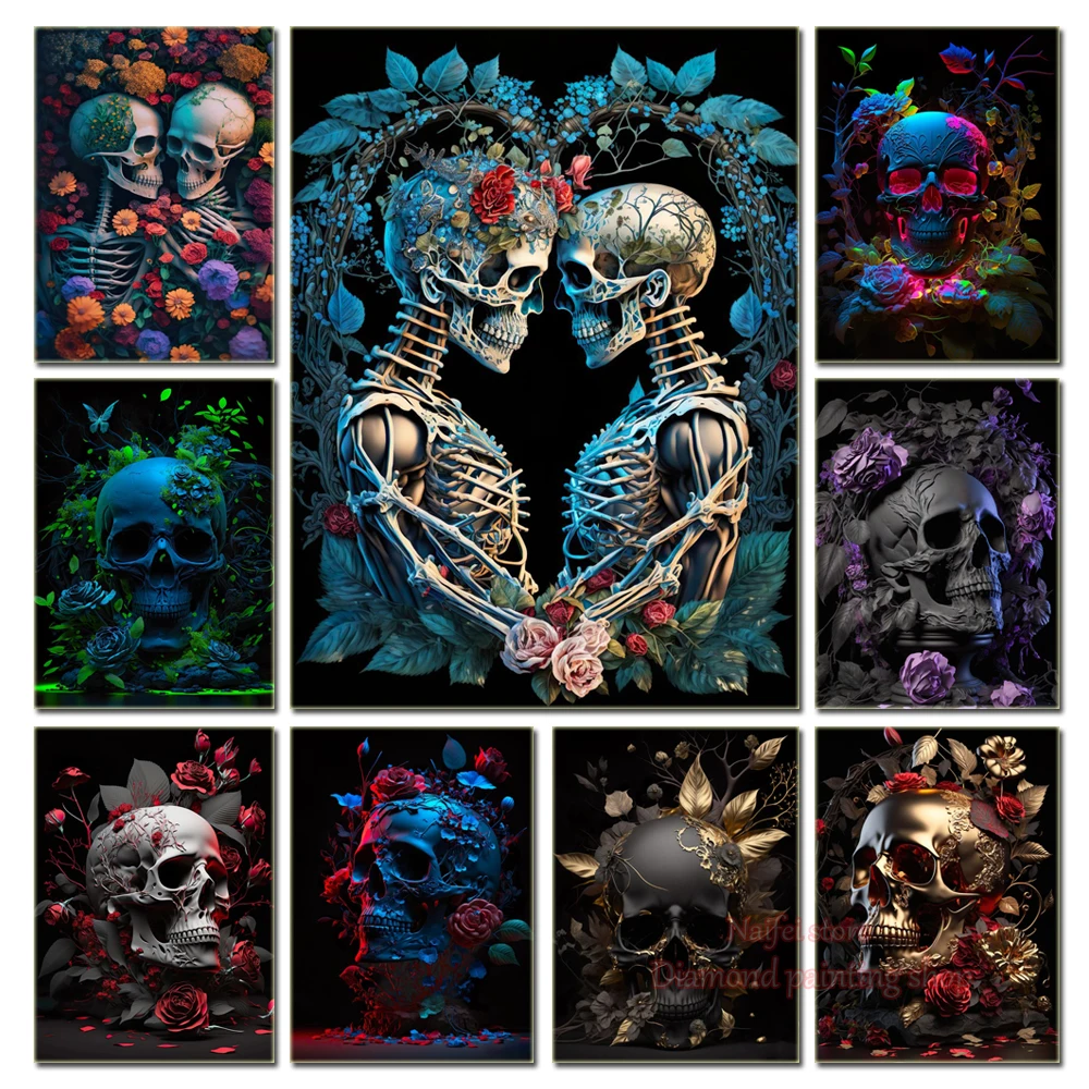 Loving Skull 5D Diy Diamond Painting Skeleton Sea of Flowers Cross Stitch Kit Embroidery Diamond Mosaic Home Art Hallowen Decor