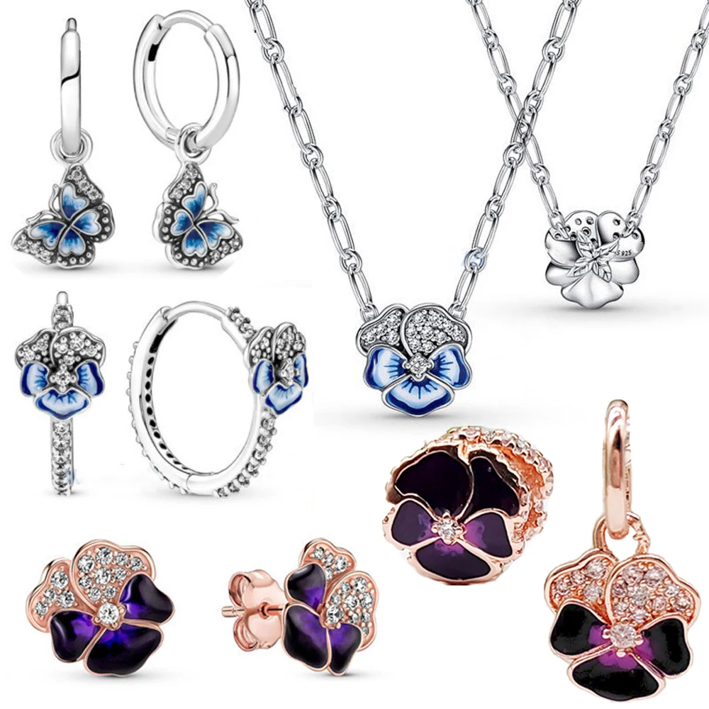 2022 New Pavé Gemstones Blue Pansy Flower Earring Pendant Necklace 925 Sterling Silver Girls Jewelry Necklace Gift