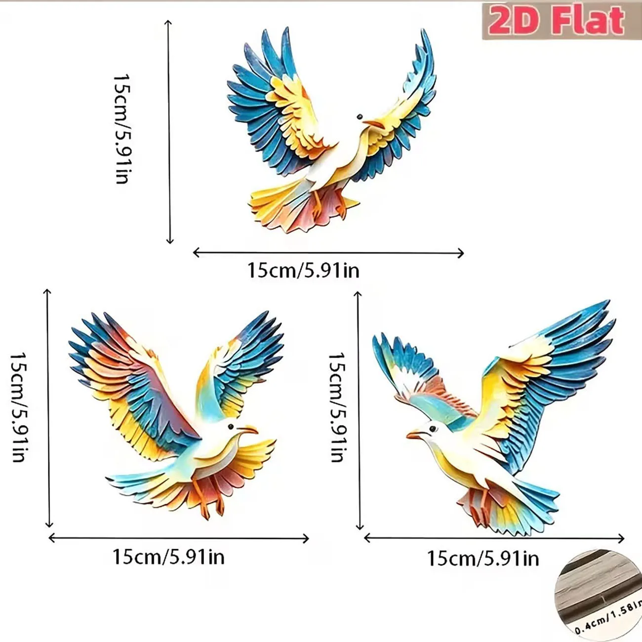 3 Pcs 2D Flat Wooden Seagull Wall Decor Colorful Flying Bird Wall Art With Nano Tape No Drilling Kids Bedroom Wall Ornament