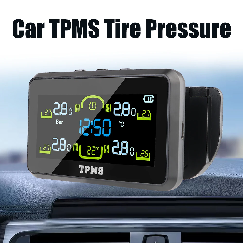 

Tire Pressure Monitoring System With 4 External Sensors T14-1 Solar TPMS Temperature Warning Fuel Save Car Tyre Pressure Monitor