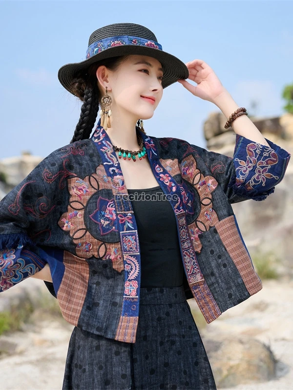 2026 chinese national style trendy retro embroidered short coat for women loose embroidered patchwork design denim jacket top
