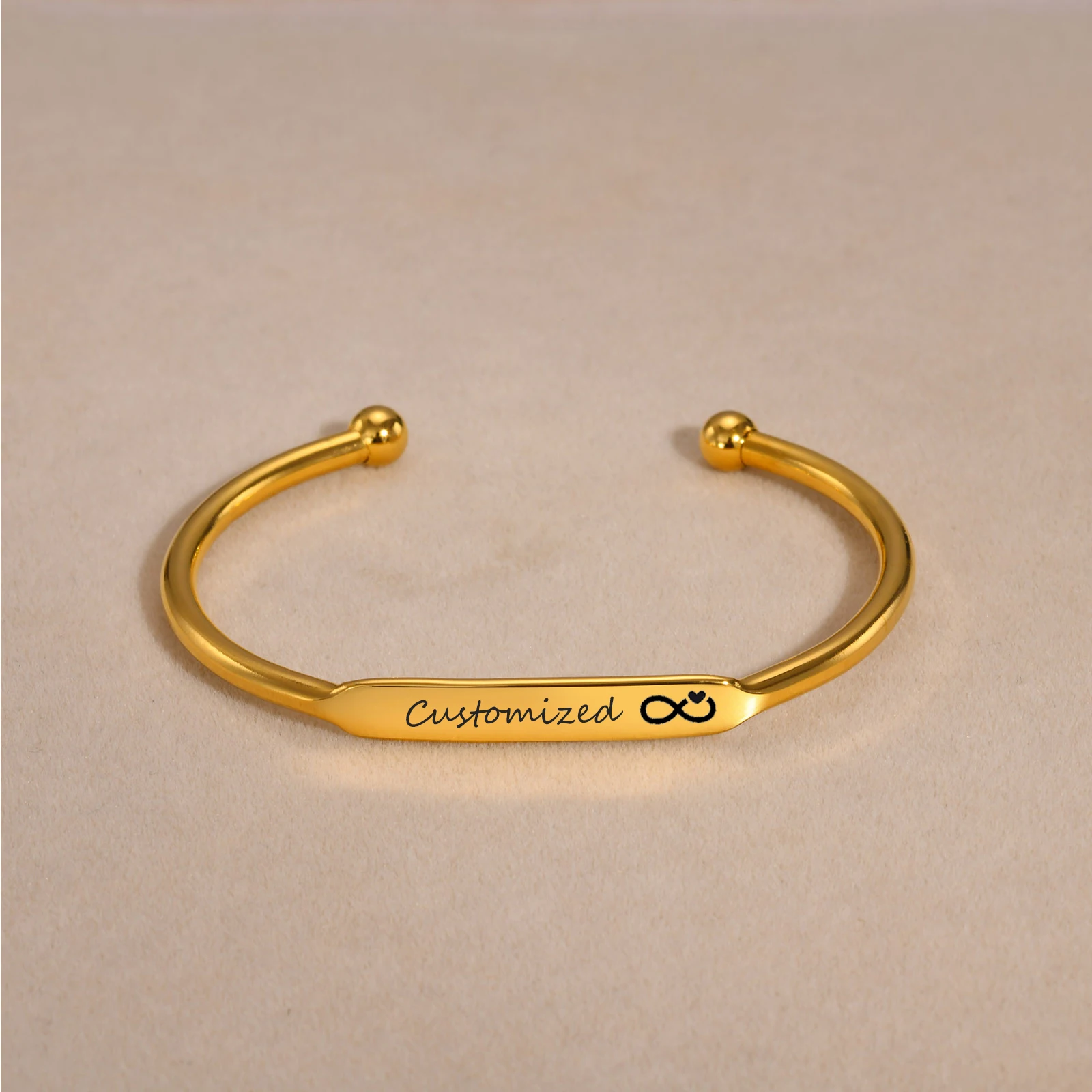 Pulsera de nominación de joyería de pareja de acero inoxidable personalizada mensaje grabable, símbolo de regalo romántico de diseño abierto del amor eterno