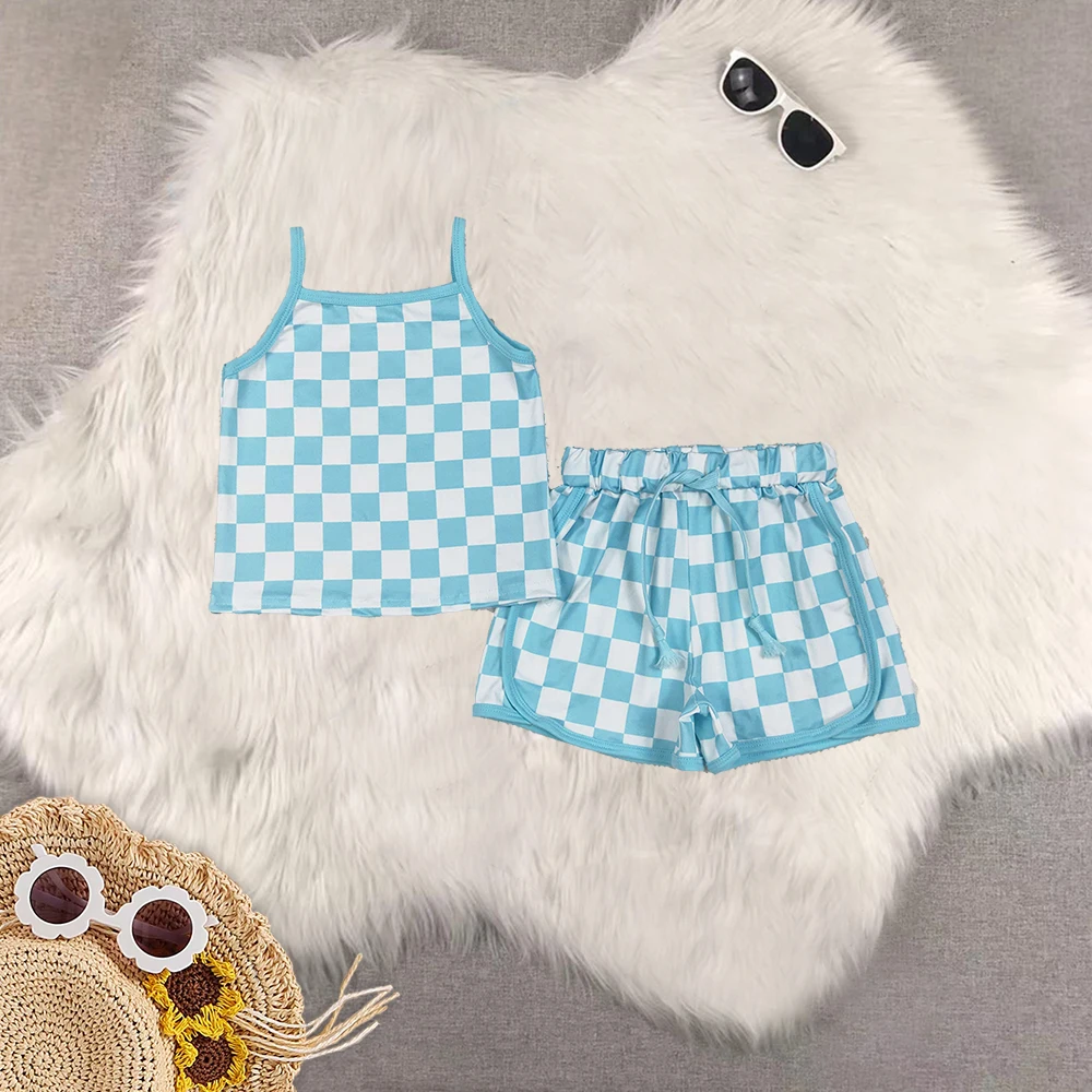 

8.18 Baby Girls Summer Outfits Baby Girls Blue Strap Plaid Top Short Sport Sets