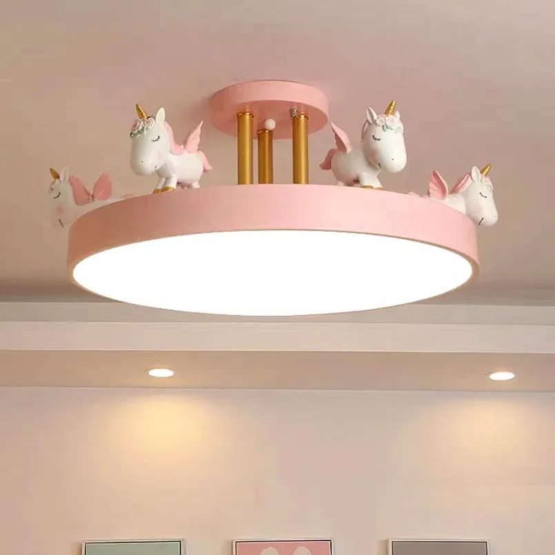 Modern Led Unicorn Ceiling Mounted Light for Children Kids Girls Pink Decoration Lamp Horse Remote Control Dimmable Home Bedroom