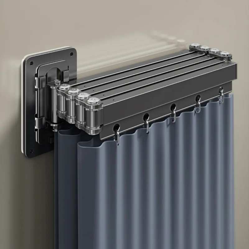 Folding Rod Shower Curtain Set No Drilling Waterproof Polyester Invisible Partition Retractable for Bathroom Dry Wet Separation