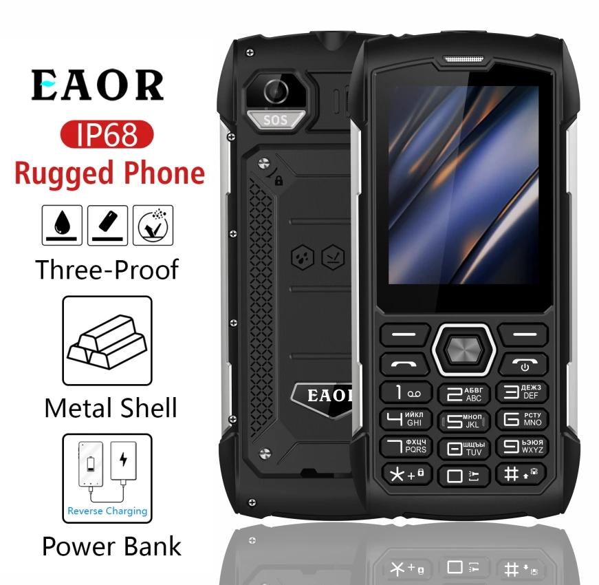 

EAOR 2G Rugged Flashlight 4000mAh Big Battery Power Bank IP68 Waterproof 2.8 IPS large screen 0.3M cam MTK feature mobile Phone