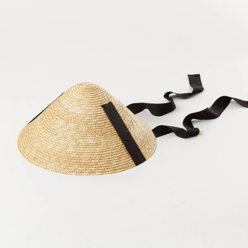 Portable Wide Brim Sun Hat Straw Weaving Traditional Cap for Kids Sunproof Summer Cone Hat with Adjustable Chin Rope