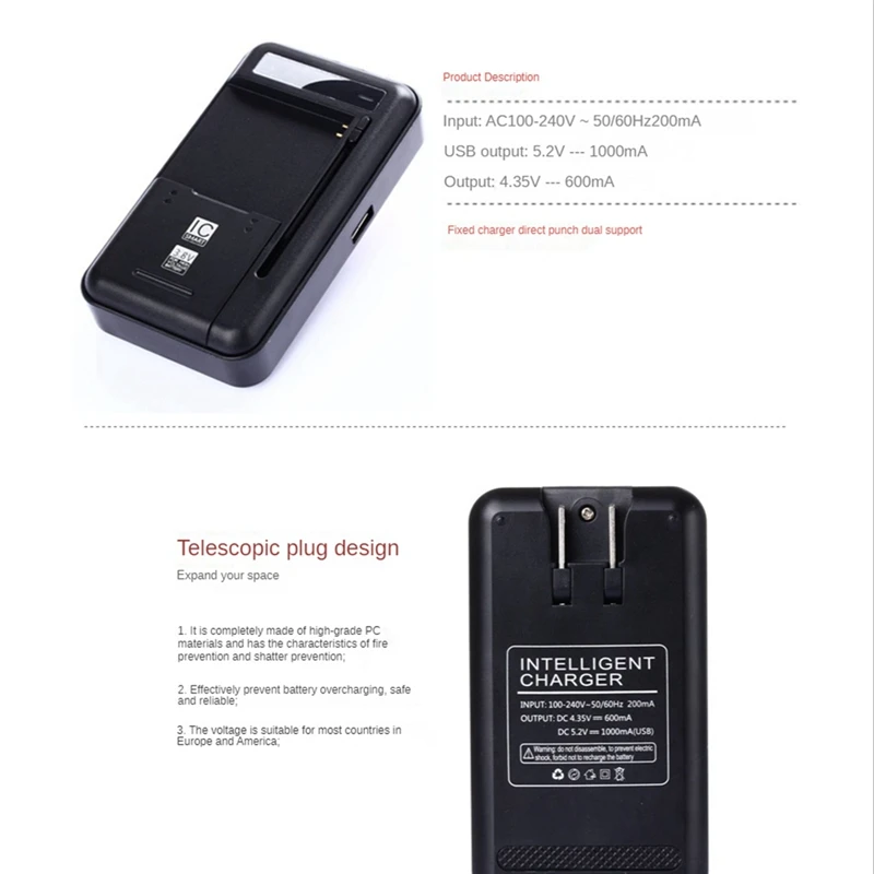 Charger baterai ponsel Universal, Charger baterai ponsel Universal dengan Port Output USB untuk baterai tegangan tinggi 4.35V, colokan AS, pengisian baterai ponsel