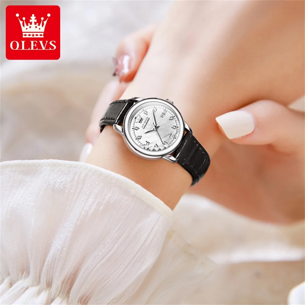 OLEVS Women\'s Watches Elegant Fashion Small Quartz Wristwatch for Ladies Diamond Scale Date Waterproof Luminous Leather Strap