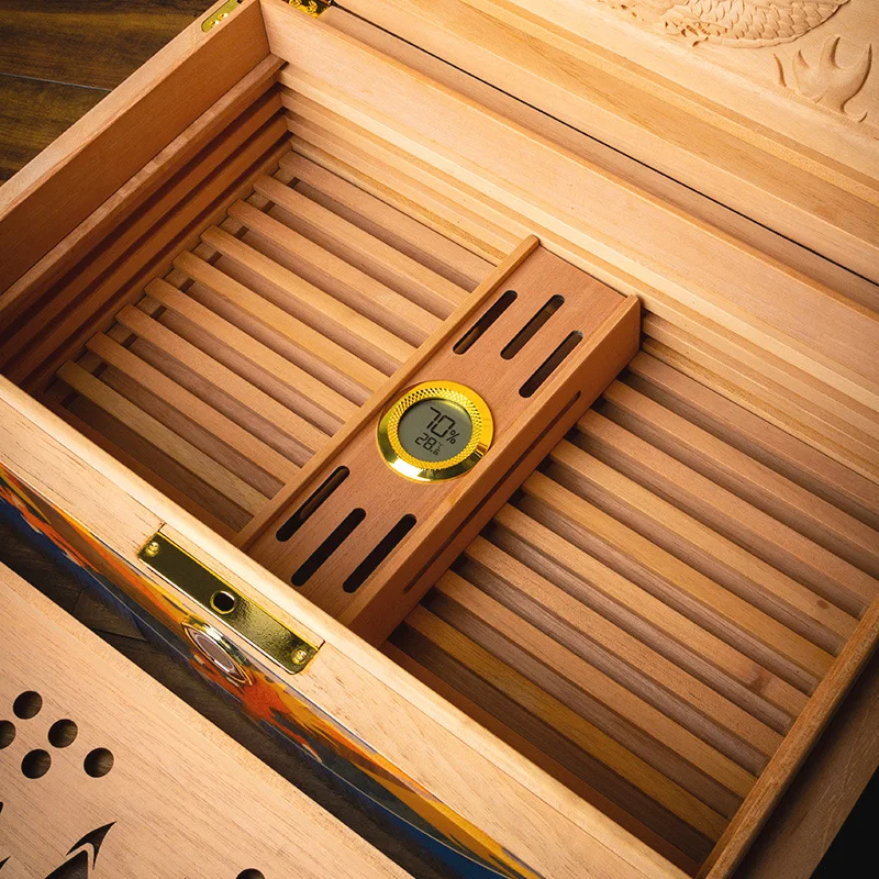 LUBINSKI Limited Edition the Year of the Loong Cigar Humidor Box Fingerprint Lock Double Cedar Wood Carved Pattern Cigar Box