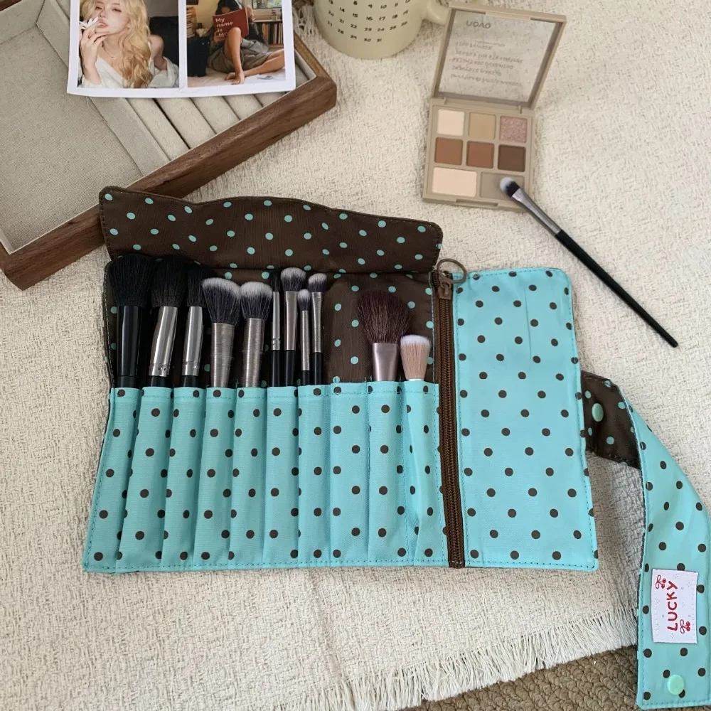 Black Blue Color Polka Dot Makeup Brush Holder Roll-up Travel Organizer Pouch Portable Multi-layer Cosmetic Tool Storage Bag
