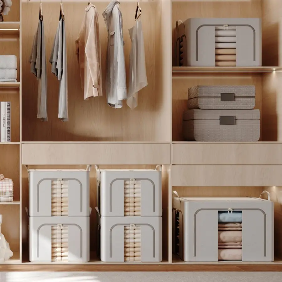 メタルフレーム付き衣類収納ボックス3個パック、クローゼットオーガナイザーと収納ボックス、積み重ね可能で折りたたみ可能な衣類オーガナイザーバッグ