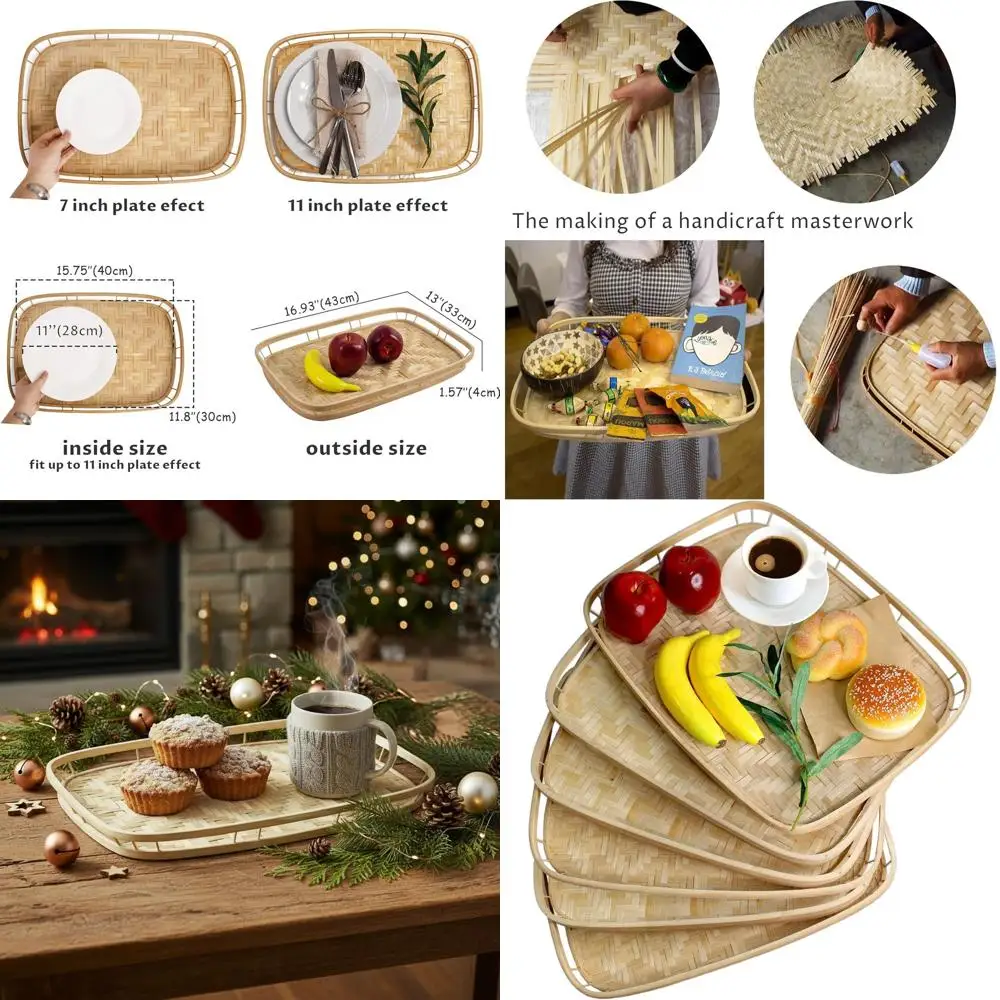 

4-х предметные бамбуковые плетеные прямоугольные сервировочные подносы с ручками для еды, напитков, завтрака и журнального столика