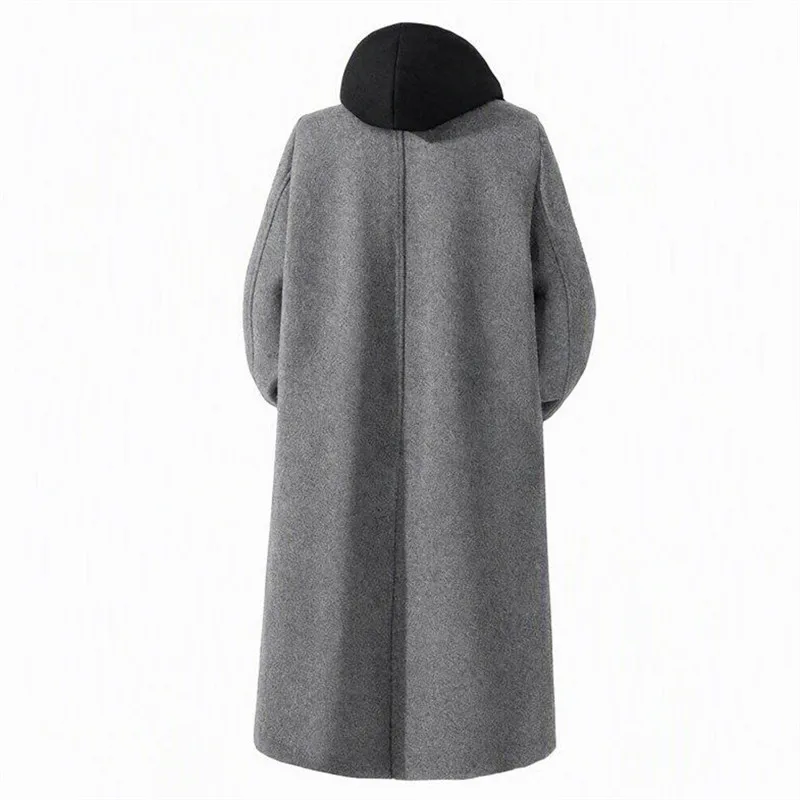 Autumn Winter Fake Two-Piece Hooded Woolen Coats Trend Solid Double Breasted Trench Coats Male Fashion Hooded Windbreaker Jacket