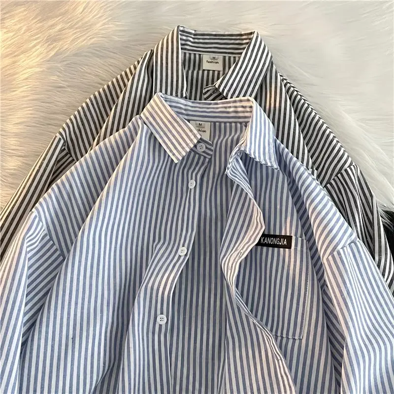 

Men's Loose Fit Long Sleeve Striped Shirt Casual Cityboy Style Spring Autumn Trendy Brand Ins Handsome Outerwear