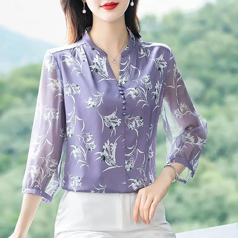 

New Fashionable and Chic Pullover Temperament and Centre-sleeved Top Chiffon Shirt Women Summer 2025