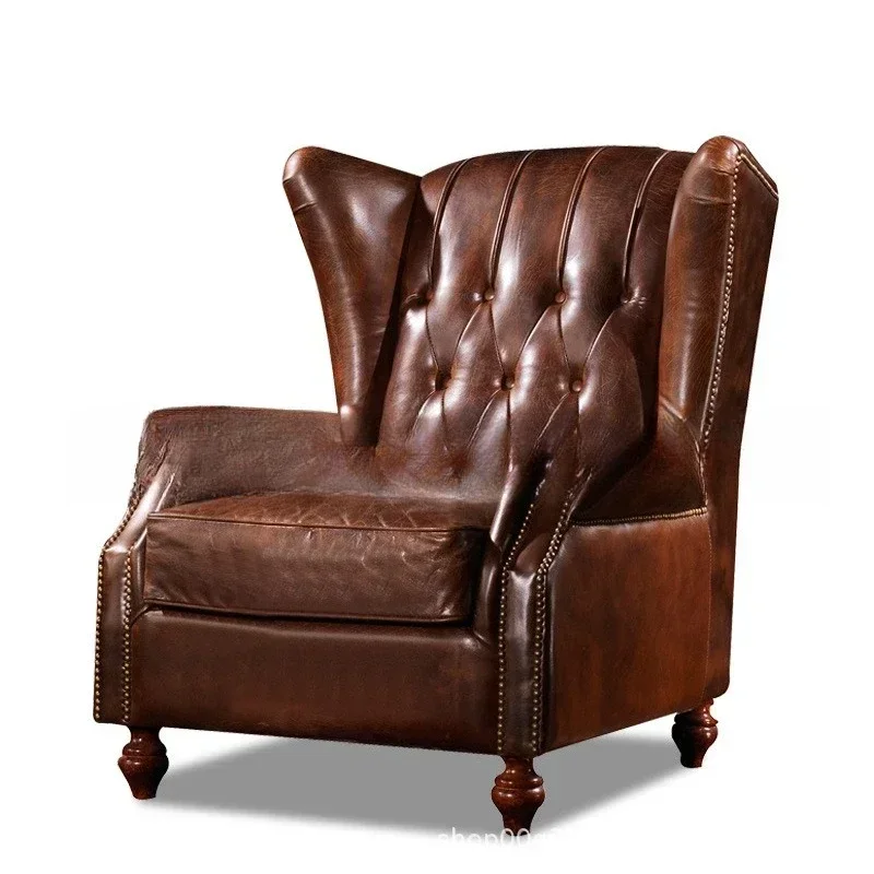 American Leather Tiger Chair Furniture American Log Pull Button Soft Bag Single Hotel High Back Negotiation Sofa