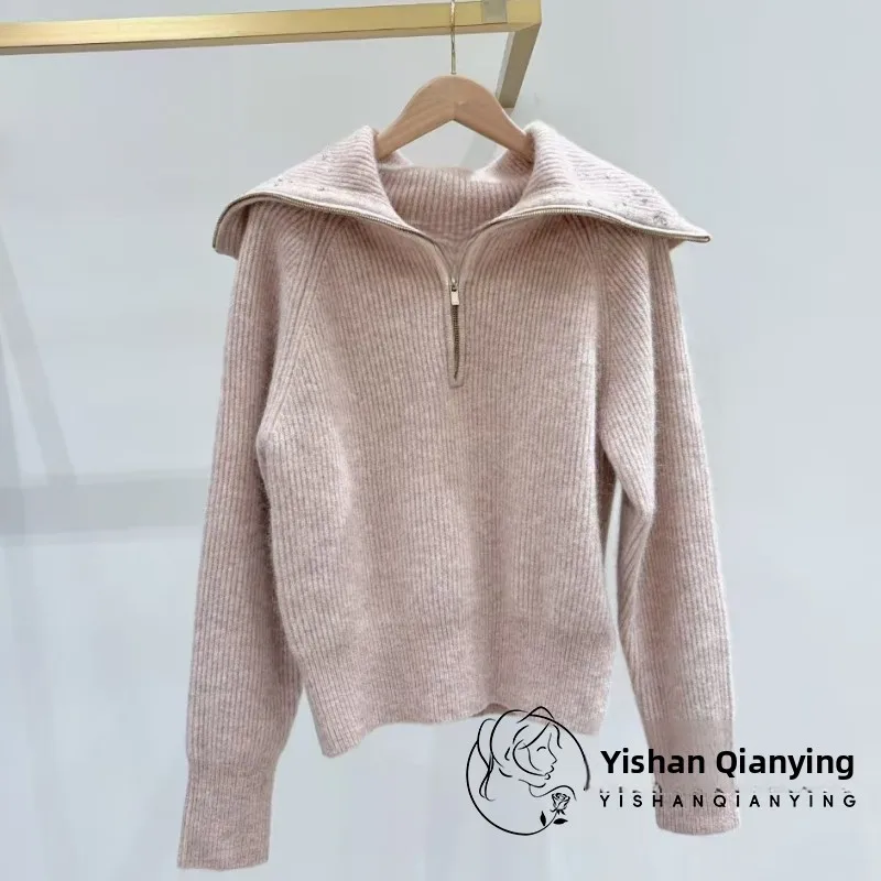 

Knitted Long Sve Navy Collar Top with Zipper And Diamond Decorations for Women Autumn Winter Faion Sle