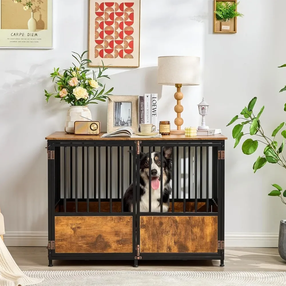 

43,7-дюймовый ящик для собак с подушкой для больших собак, деревянная сверхмощная питочка для собак с двойными дверцами в помещении, декоративная P