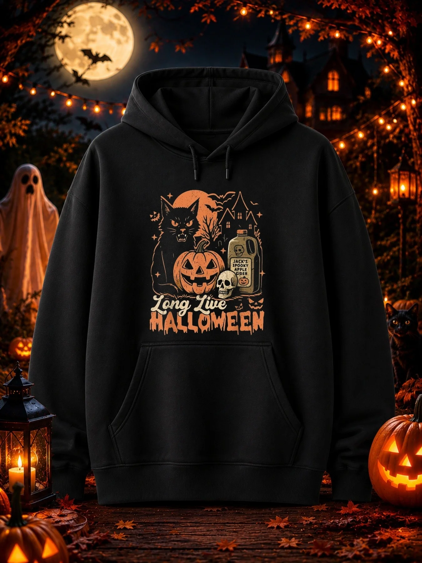Men's Print Hoodie, Designed in A Retro and Creepy Style, with Patterns Including Grinning Moon and Stars  The Words