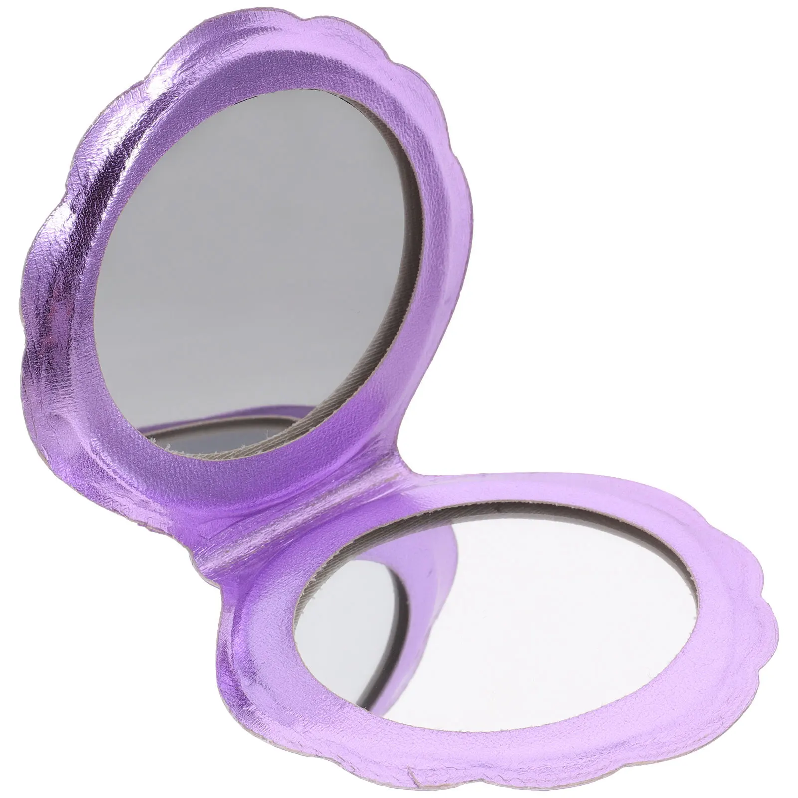 กระจกแต่งหน้าแบบพับได้สองด้านแบบพกพา รูปทรงเปลือกหอย PU ดีไซน์โฮโลแกรมสำหรับผู้หญิง สีม่วง