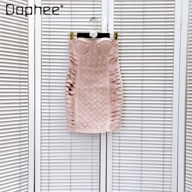 Ladies Tube Top Woven Bandage Party Short Dress 2024 Spring and Summer New Sexy Casual Strapless Sleveless Dresses Woman Gown