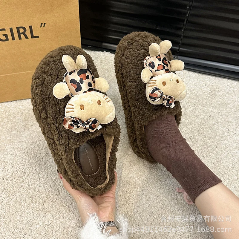 Sanrio autumn and winter Hello Kitty cute warm home women's shoes cartoon leopard print non-slipthick-soledplush cotton slippers