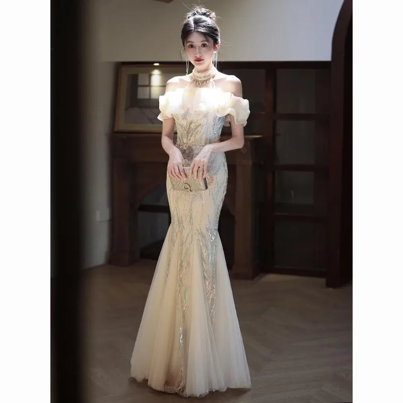 New Fishtail Host Birthday Party Light Luxury Niche Annual Meeting High Sense Beautiful Temperament Champagne Evening Dress 2026