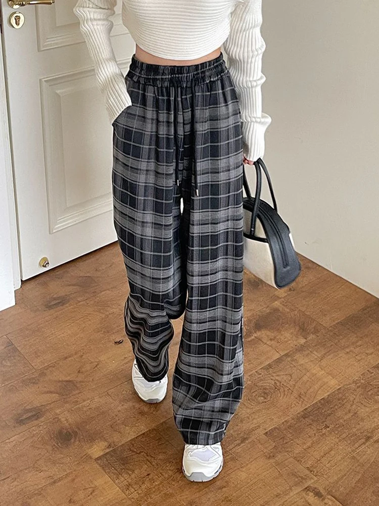 Jmprs Vintage Loose Plaid Pants Women High Waist Harajuku Y2K Wide Leg Trousers Korean Casual Lace Up Spring Straight Pants New