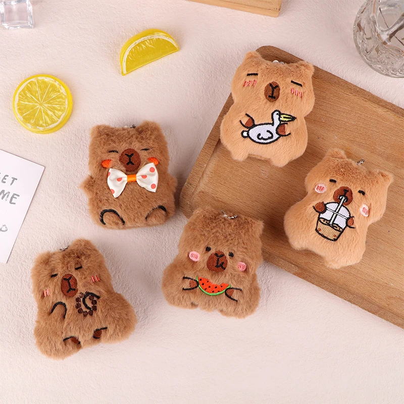 Squeaking Capibara Plush Pendant Cartoon Milk Tea Capybara Soft Stuffed Doll Keychain Car Key Ring Backpack Bag Decor Gift