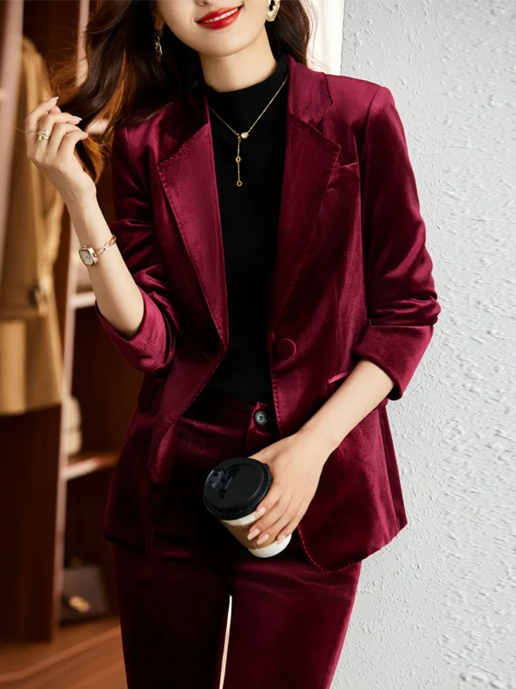 Elegant Office Ladies Velvet Suit Set Slim Fit Women Work Matching Two Piece Sets Blazer Jacket Wide Leg Pants Autumn Suits 4XL