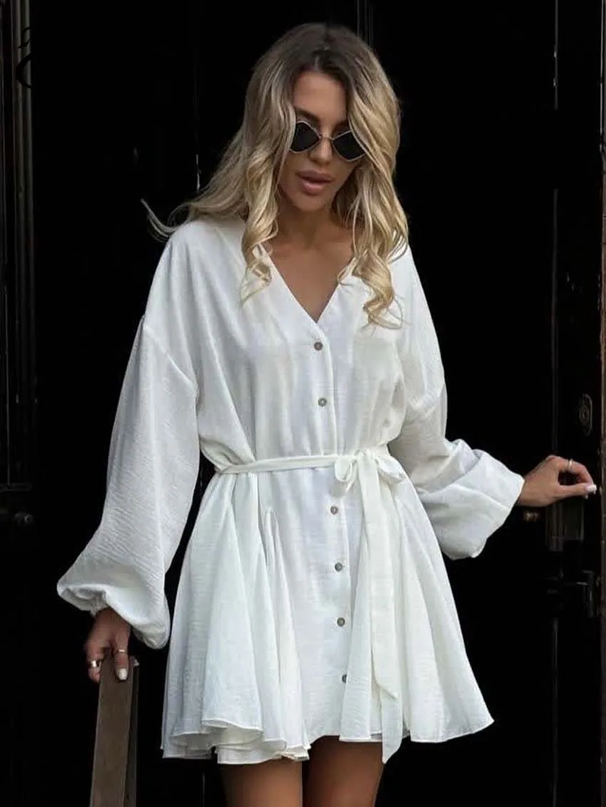 

Oymimi Fashion White Loose Dresses 2025 Woman Elegant V-Neck Long Sleeve Lace-Up Dress Autumn Single Breasted Pleated Mini Dress
