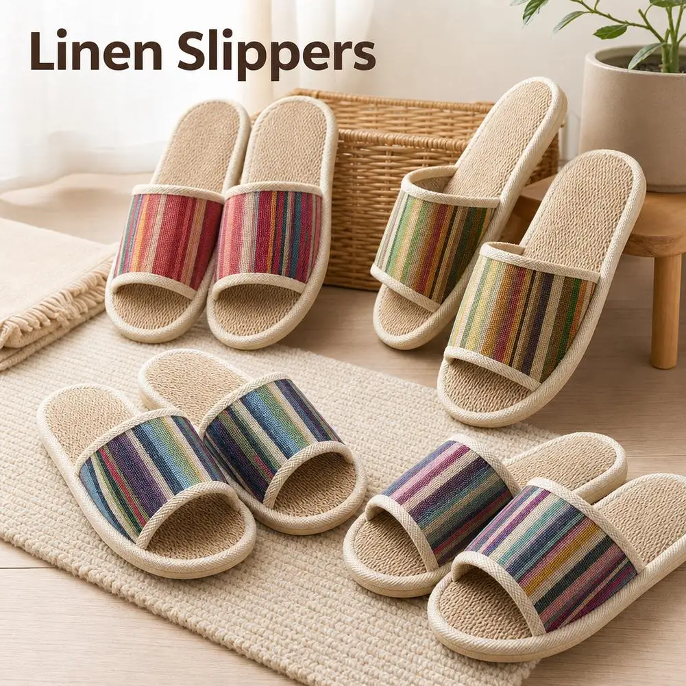 Striped Linen Open Toe Slippers For Women Breathable Linen Slide Slippers Non-Slip Sole For Indoor House Slippers Bedroom
