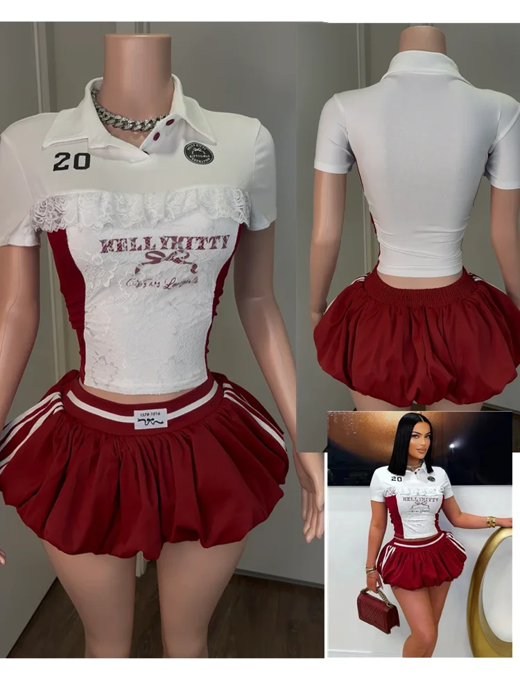 Joskaa Patchwork 2 Piece Sets Women Hipster Lace Edge Letter Print Crop Top and Puffy Ruffles Skirt Matching 2025 Y2K Streetwear