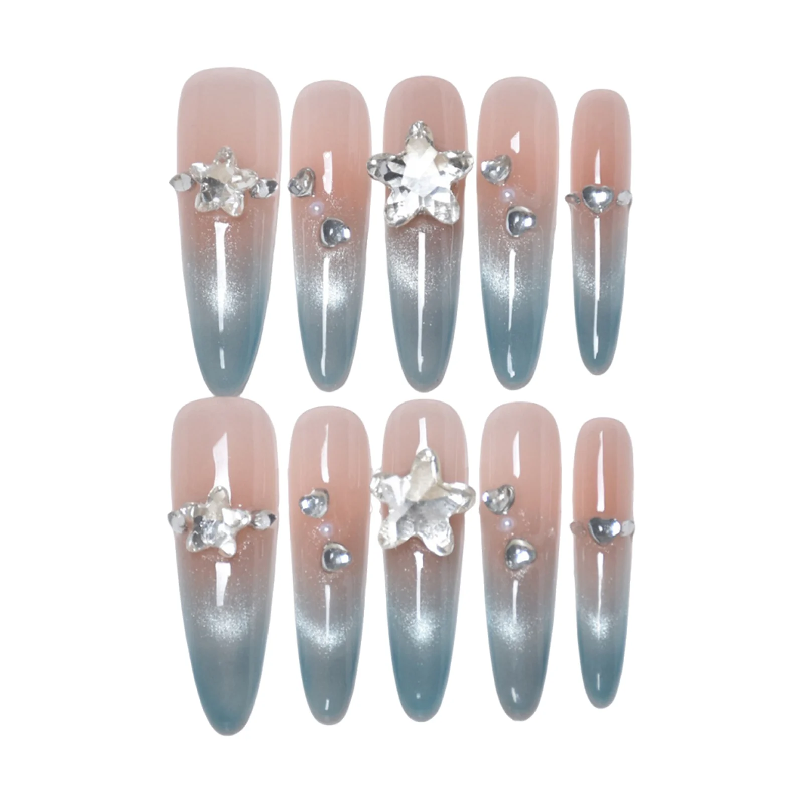Press On Nails Resin Blue Cat-Eye Long False Nails Magnetic Star River Effect Glue-On for Party Wedding Daily Wear Chic