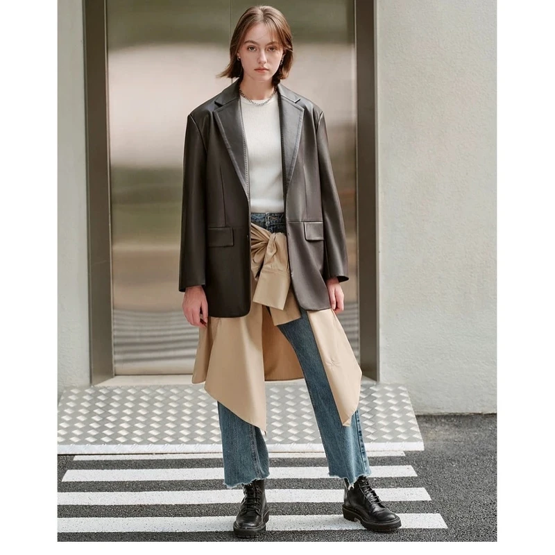 

Torowee 25 New Retro Sle Faux Leather Lapel Suit Jaet Versatile Women's Mid-Length Coat with Button Closure Long Sves