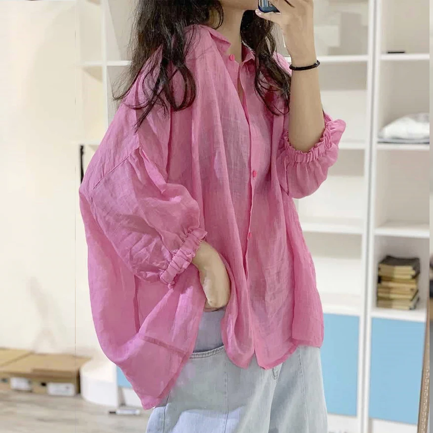 Summer Women's Light Weight Linen Batwing Sleeve Sun Protection Shirt Loose Casual Style Korean Commute Style Long Sleeve But...