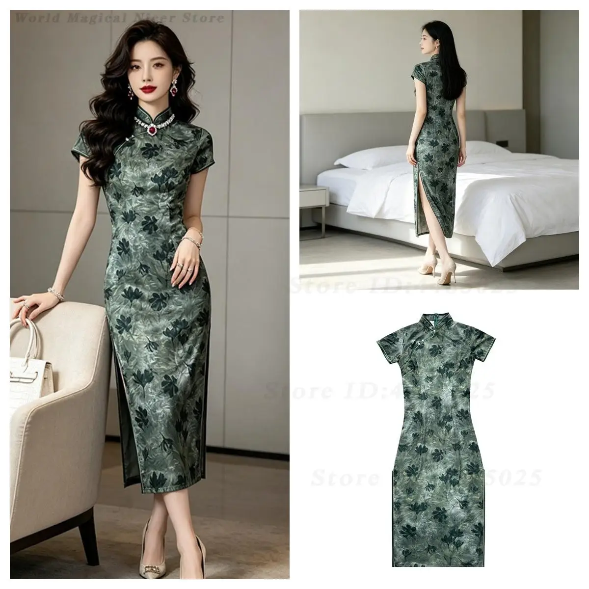 Spring Summer Retro Printed Modified Qipao Dress for Mature Women Slim Chinese Style Elegant Stage Show Daily Banquet Cheongsam