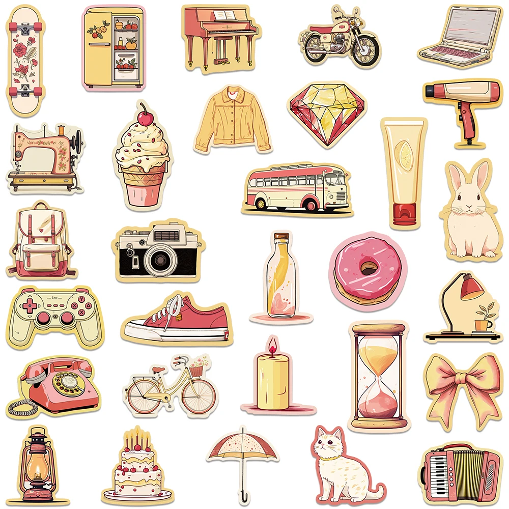 50pcs Aesthetic Laptop Vinyl Decals Cute Cartoon Daily Articles Stickers For Luggage Guitar Phone Bicycle Waterproof Graffiti