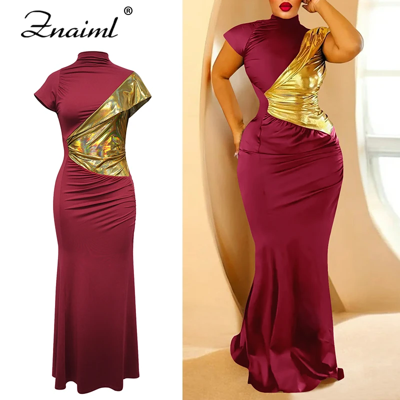 

Znaiml Patchwork Color Gold Maxi Dresses for Woman Spring Summer Short Sleeve Dress Elegant Female Cocktail Dinner Party Vestido