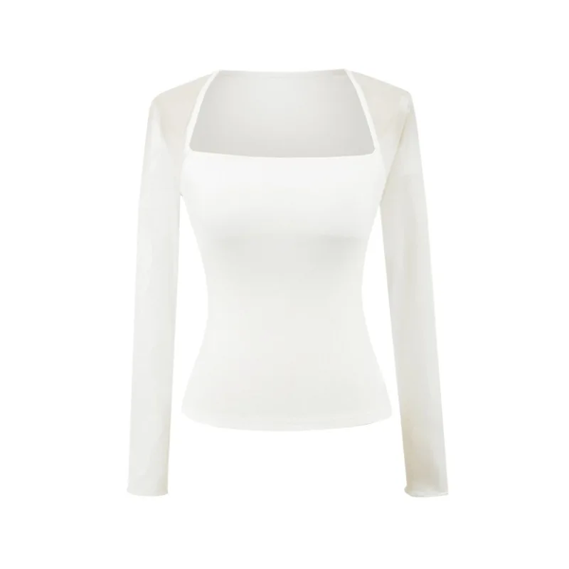 Korean Hot Girl Square-neck Mesh Patchwork Long-sleeve T-shirt For Women, Sexy Tight-fitting Unique Top With Chest Pads VGEX