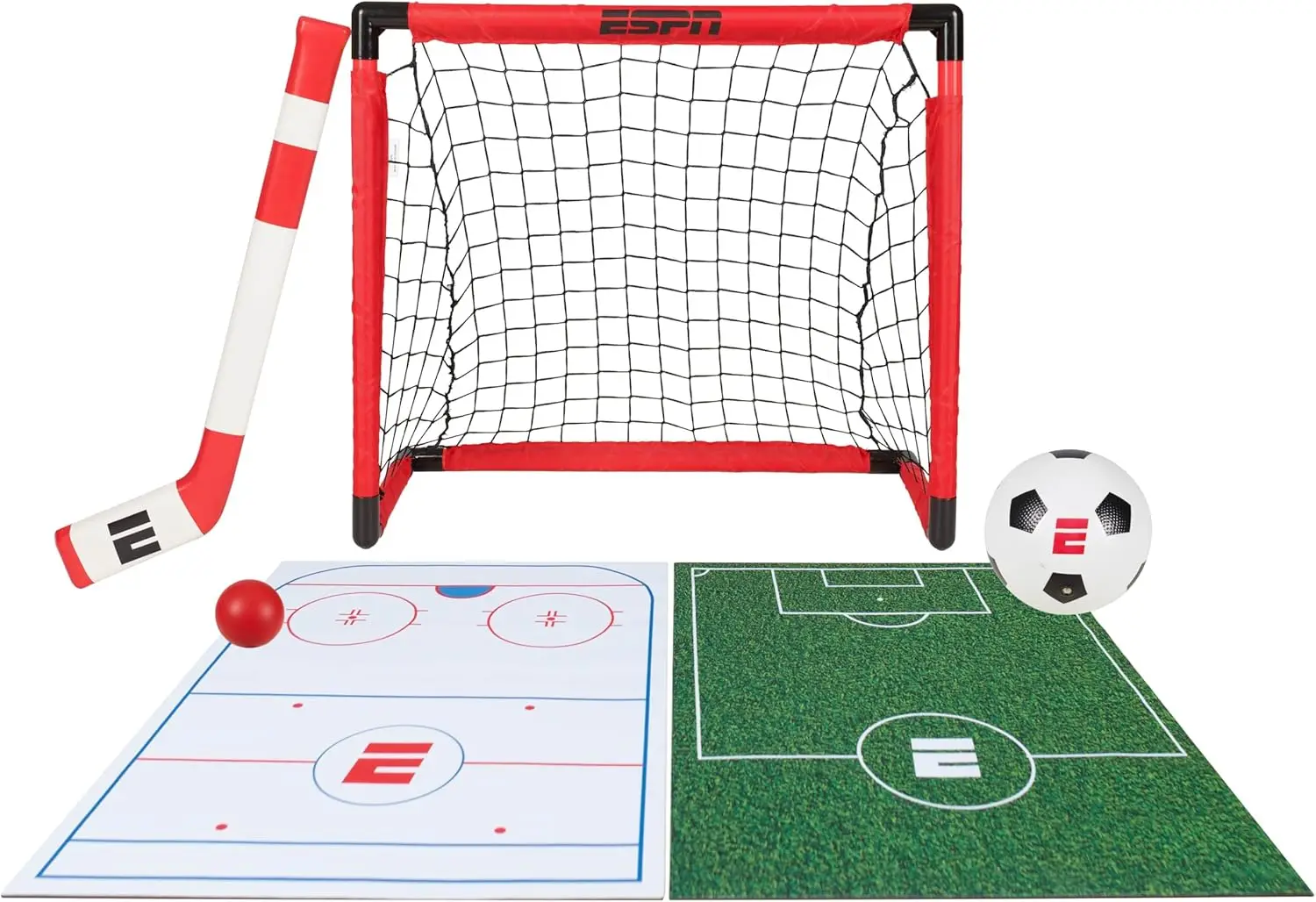 

Soccer and Hockey Goal Combo Set with Mini Ball, Stick, and Play Mats for Kids