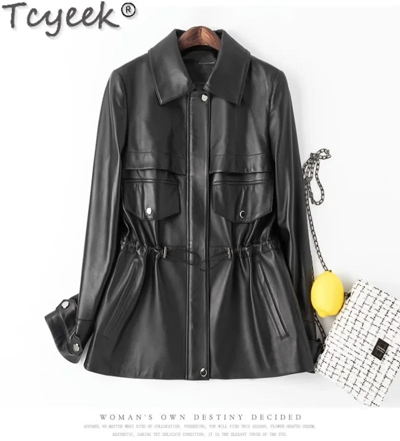 Tcyeek Top Layer Genuine Leather Jacket Women Drawstring Autumn Real Sheepskin Jackets Woman Clothing Fashion Jaqueta Feminina