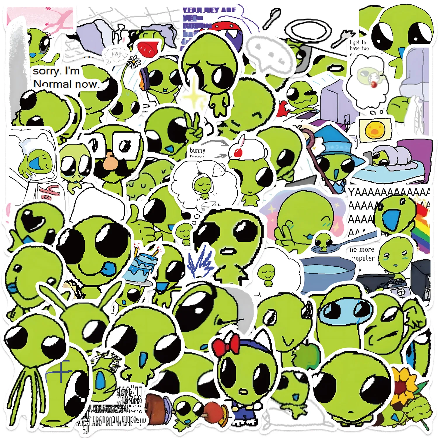52 Uds. De pegatinas de alienígena verde versión Q de ojos divertidos, decoración de Material DIY para fundas de teléfono, calcomanías de botellas de agua de escritorio para Notebook